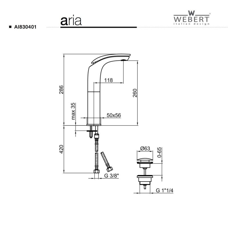 Armaturen für freistehende Waschschüsseln Hoher Waschtischmischer mit Clic-Clac 1"1/4 Ablaufgarnitur Webert Vento D830711015