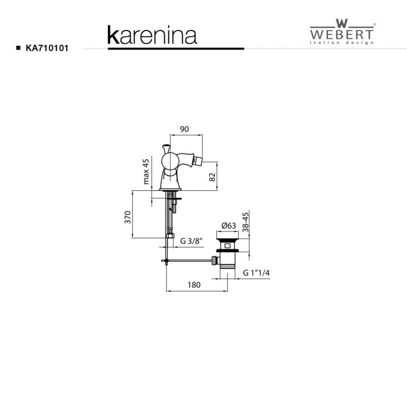 Robinets pour le bidet 2 levier Mitigeur bidet avec vidage 1"1/4 Webert Viktoria D710068015