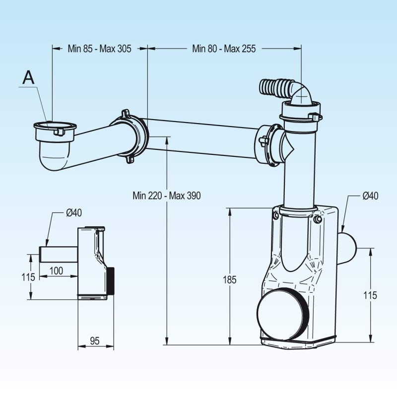 Drains pour éviers Siphon gain de place avec ouverture pour lʼinspection pour éviers avec un bassin LIRA 1NT