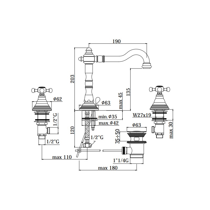 Rubinetti lavabo 3 fori Miscelatore lavabo con canna orientabile Paffoni Belinda FBLV055CR