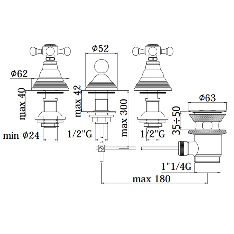 Robinets pour le bidet 3 composants Mitigeur bidet avec vidage 1''1/4 Paffoni Belinda FBLV116CR