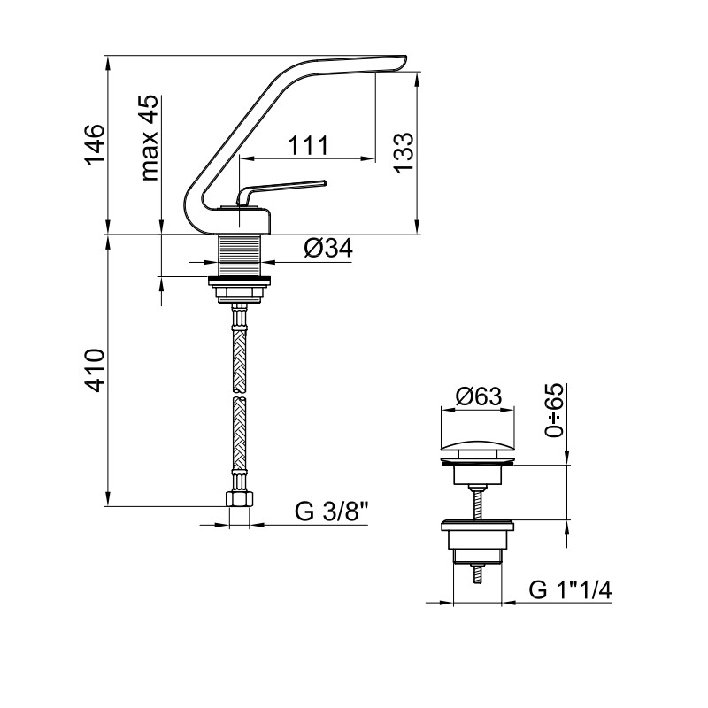 Rubinetti Lavabo Monoleva Miscelatore lavabo con piletta di scarico clic-clac 1"1/4 Webert Fly D830495015