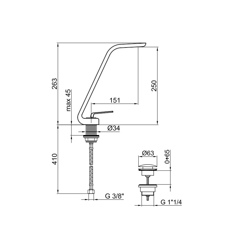 Washbasin taps High basin mixer with clic-clac 1"1/4 waste Webert Fly D830497015