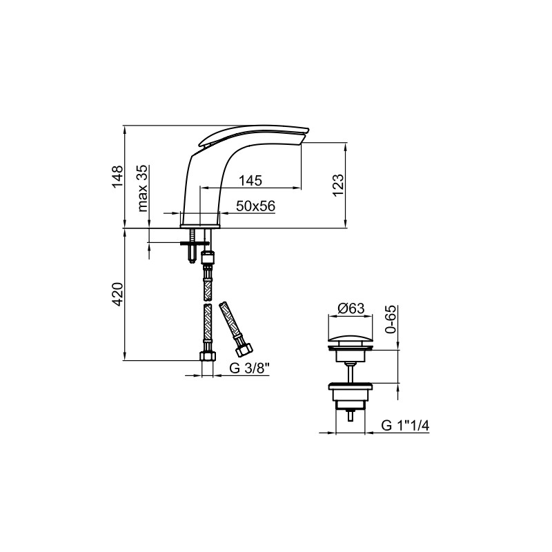 Wall-mounted sink taps Cascade basin mixer with clic-clac 1"1/4 waste Webert Vento D830682015