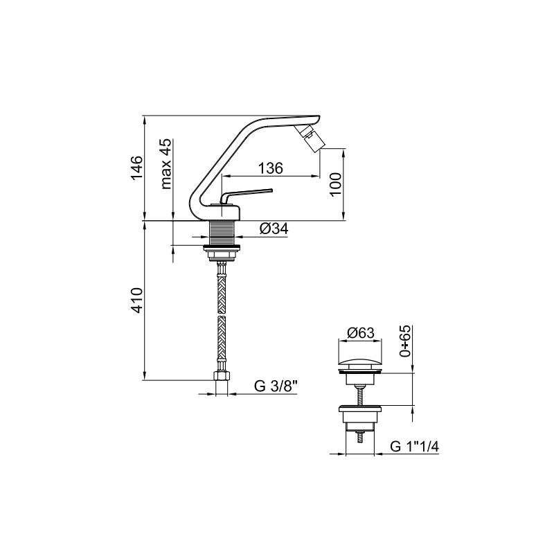 Einhebel-Bidetarmaturen Bidetmischer mit Clic-Clac 1"1/4 Uberlaufgarnitur Webert Fly D840209015