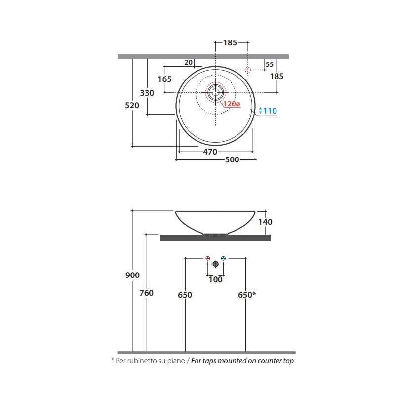 Lavabos sobre encimera Lavabo de cerámica para instalación sobre encimera Globo Stockholm LAT50