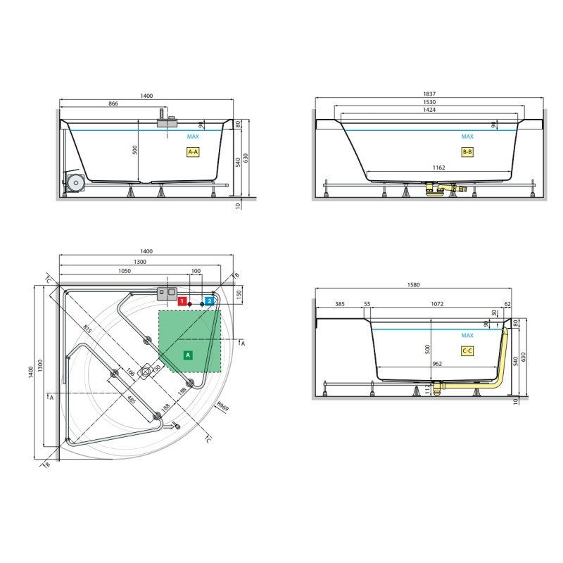 Angular Tubs Vasca angolare con idromassaggio HYDRO PLUS Novellini Divina C