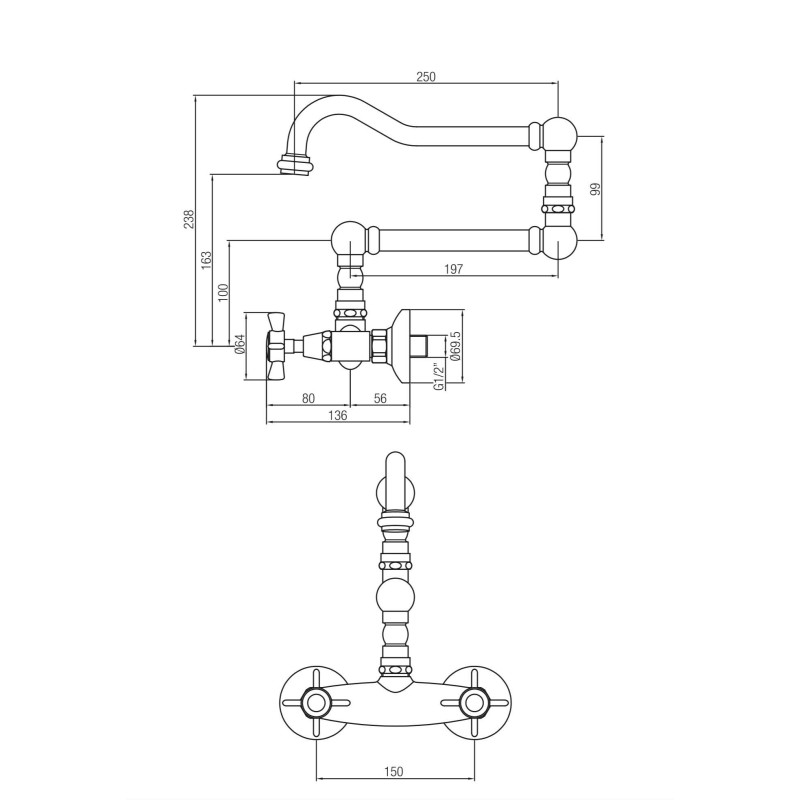 Wall-mounted kitchen taps Wall-mounted kitchen sink mixer with jointed spout Porta & Bini Old Fashion 62552BR