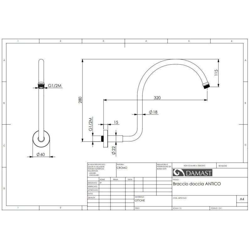 Brackets for shower head Brass retrò shower arm 320 mm Damast 12613