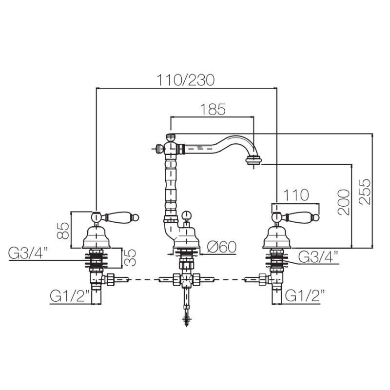 Drop-down sink taps 3-hole basin mixer with swivel spout Porta & Bini Queen 12154