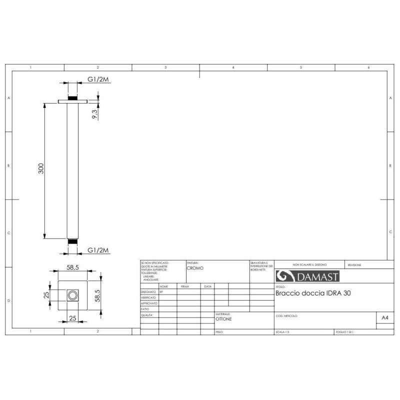 Barras para conjunto ducha Brazo de ducha cuadrado para instalación a techo de 30 cm en color cromo Damast Idra 12603