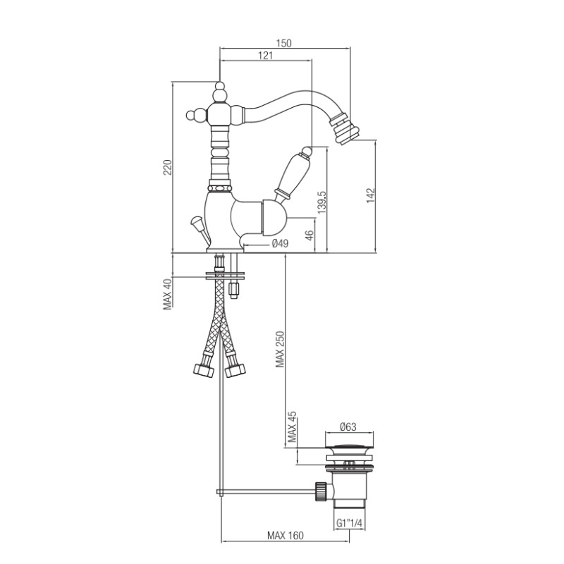 Single lever bidet taps Bidet mixer with 150 mm long spout Porta&Bini New Old 50420