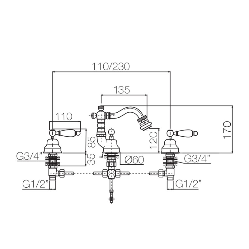 Three holes bidet battery 3-hole bidet tap with swivel spout Porta & Bini Queen 12155CR