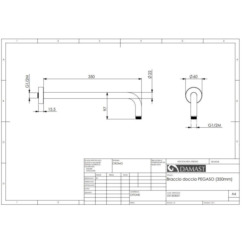 Brackets for shower head Shower arm Brass 350 mm Damast Pegaso 35 12610