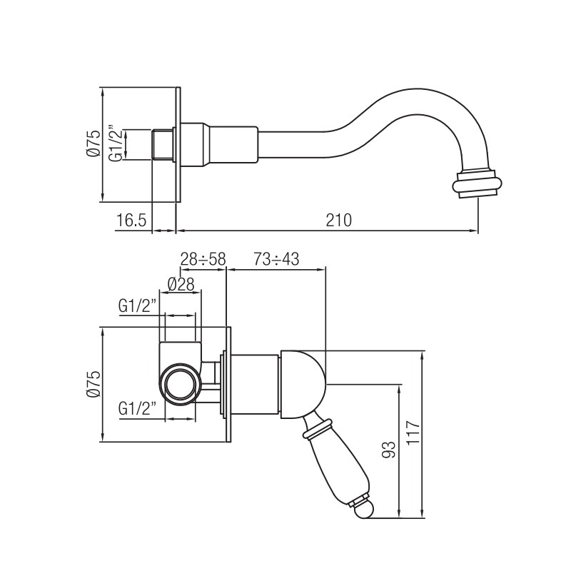 rubinetti lavabo a parete Wall mounted washbasin mixer with 200 mm long spout Porta & Bini New Old 50425