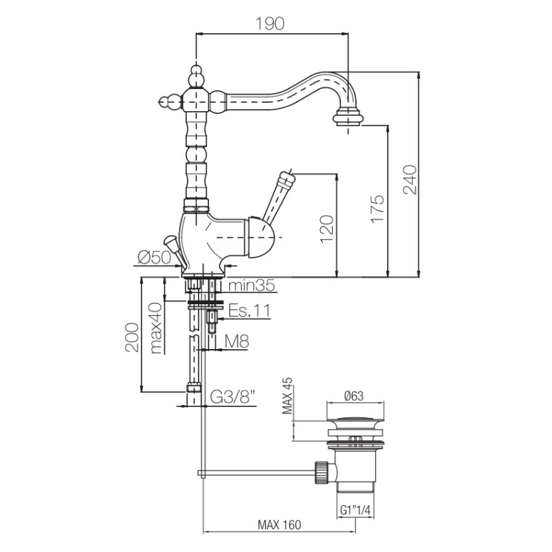 Rubinetti Lavabo Monoleva Miscelatore lavabo con bocca lunga Porta&Bini New Old 50410