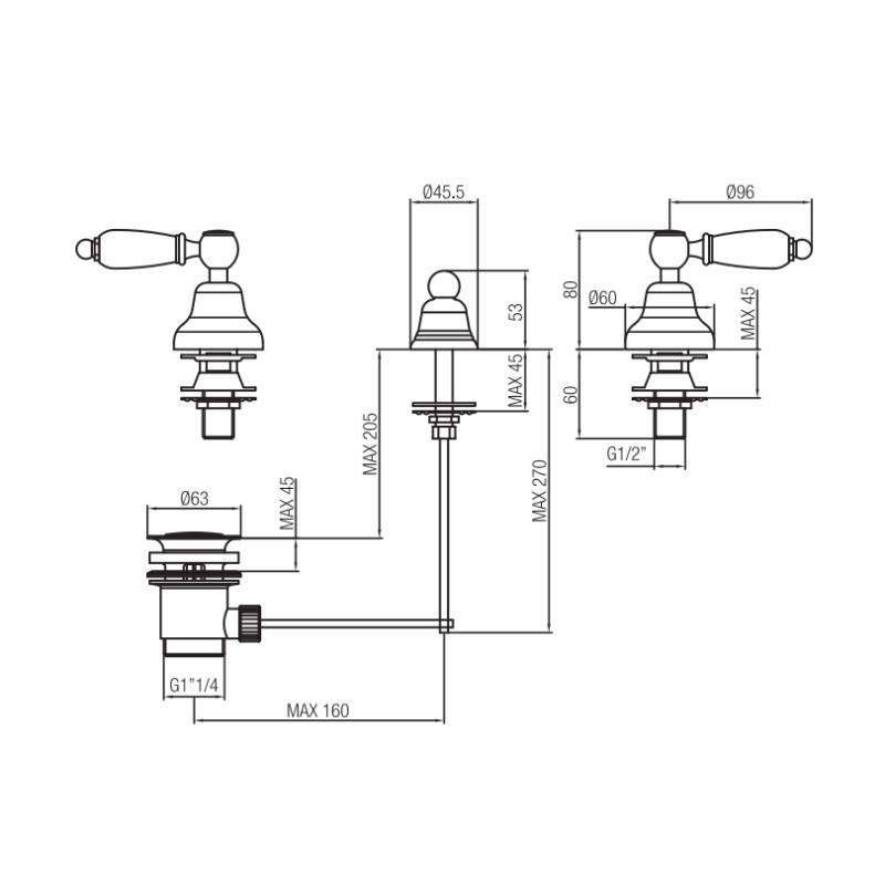 Robinets pour le bidet 3 composants Robinet double levier pour bidet 3 trous vidage 1"1/4 Porta & Bini Queen 12156CR