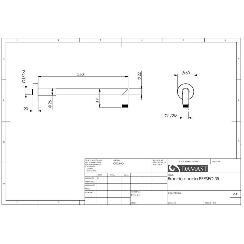 Barras para conjunto ducha Brazo de Ducha Latón Cromado 350 mm Damast Perseo 35 12612