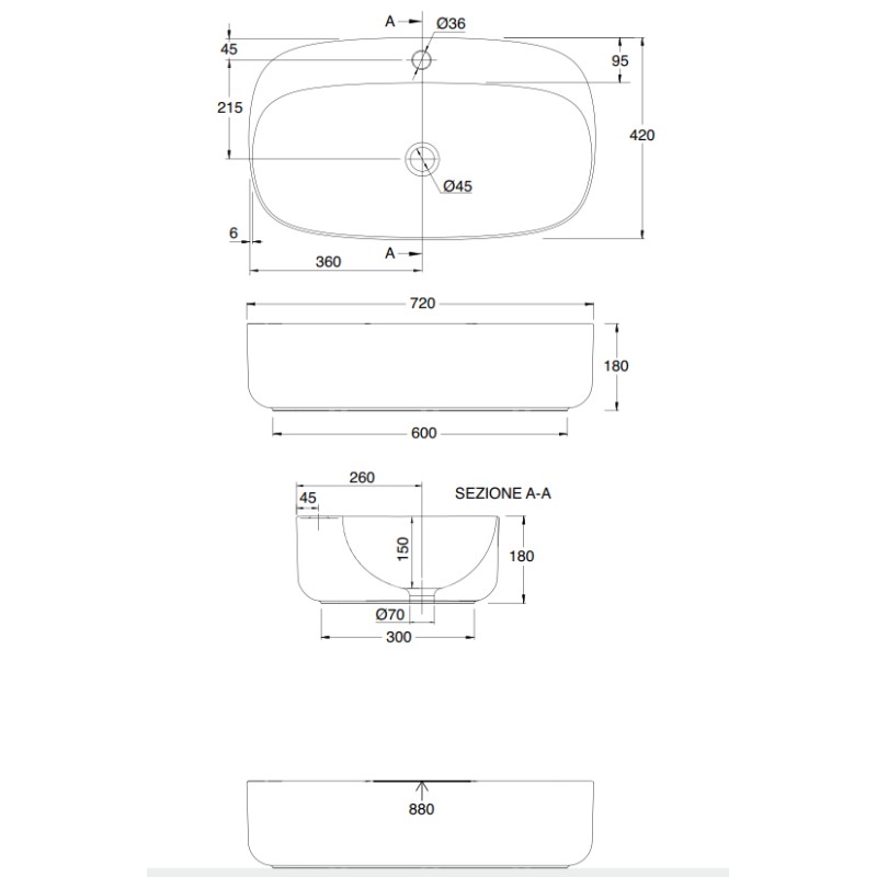 Countertop sinks Lay-on washbasin Scarabeo Moon 70R H18 5505