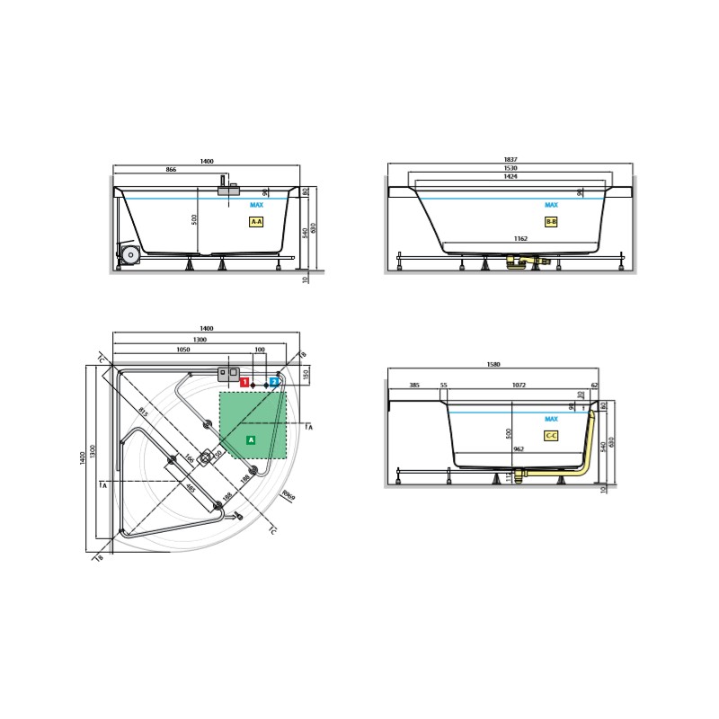 Baignoires angulaire Baignoire d'angle version WHIRLPOOL Novellini Divina C