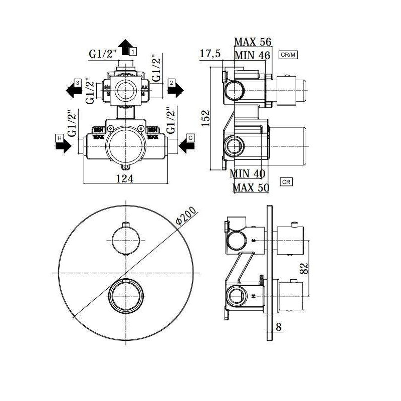 Robinets douche thermostatiques Mitigeur thermostatique de douche à encastrer 3 sorties Paffoni Light LIQ019CR