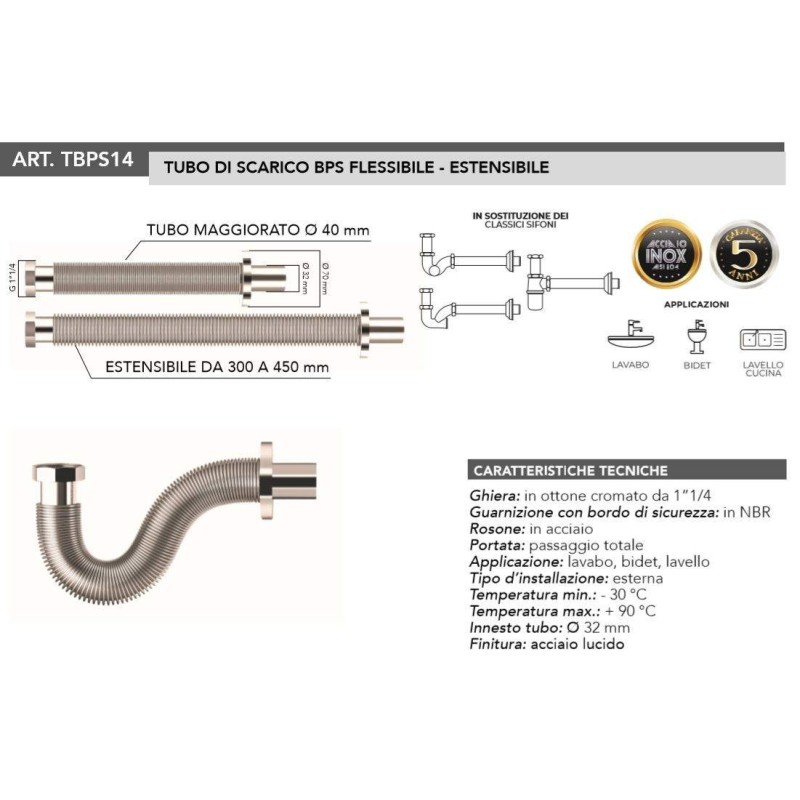 Tuyau de vidange d'eau Siphon de lavabo extensible Tecom TBPS14