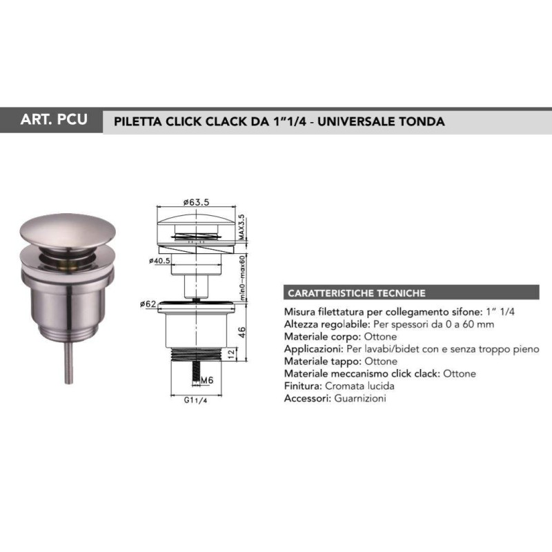 Sifoni Scarichi Pilette Piletta di scarico click-clack modello tondo universale Tecom PCU