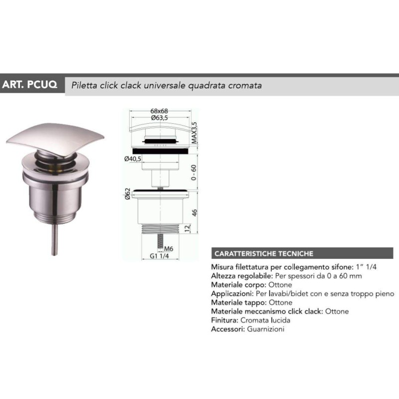 Sifoni Scarichi Pilette Piletta di scarico click-clack modello quadro universale Tecom PCUQ