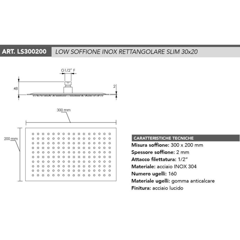 Soffioni Doccia Rettangolari Soffione doccia rettangolare 300 x 200 Tecom Rubinetterie LS300200