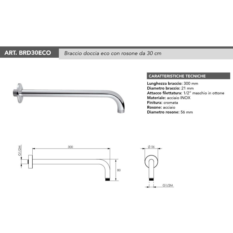 Zulaufarm für Duschkopf Brausearm aus Edelstahl 30 cm -1/2" Gas Tecom BRD30ECO