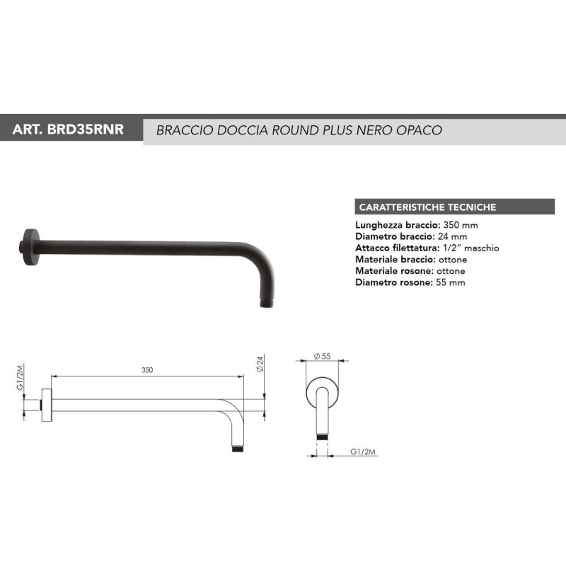 Bracci Per Soffione Doccia Braccio doccia modello tondo nero opaco dimensione 350 mm Tecom BRD35RNR