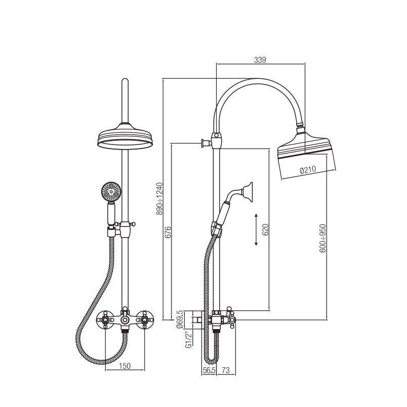 Duschsäulen mit Mischer Mechanische Duschsäule mit bronzefarbenem Umsteller Porta & Bini Old Fashion 62586BR