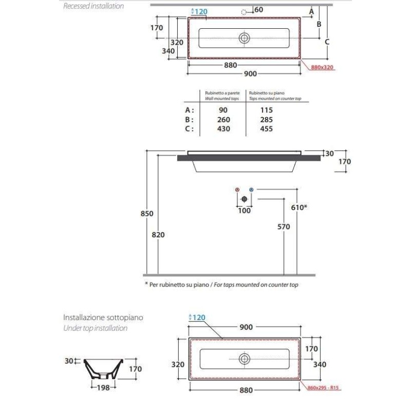 Semi-recessed sinks Built-in ceramic washbasin 90.34 Globo Stockholm FO090BI