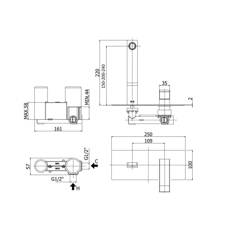 Wandarmaturen Wandmontierter Waschtischmischer mit 240 mm Auslauf Paffoni Level LES106CR