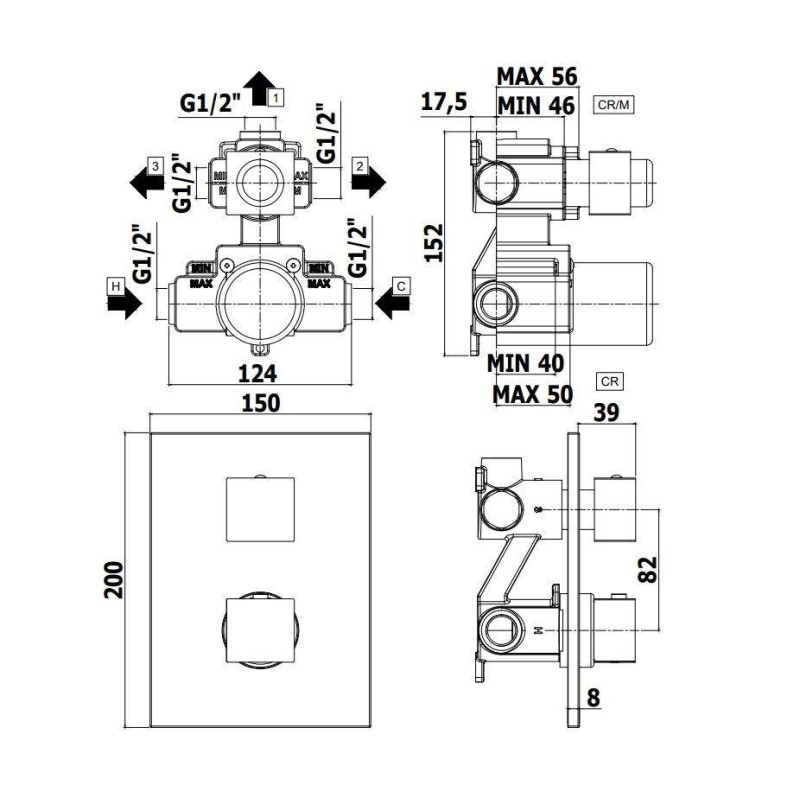 Thermostatic shower tap Built-in thermostatic mixer 3 outlets Paffoni Level LEQ519CR