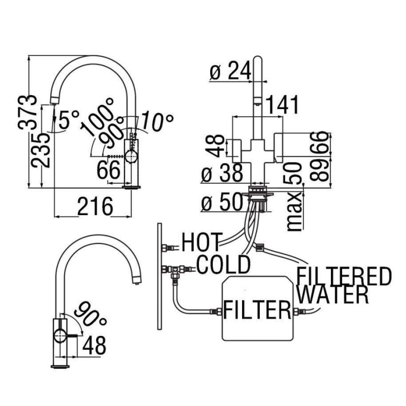 Robinets pour la cuisine à trois voies Mélangeur d'évier de cuisine pour eau filtrée à 3 voies Nobili Flag FL96824/3VCR