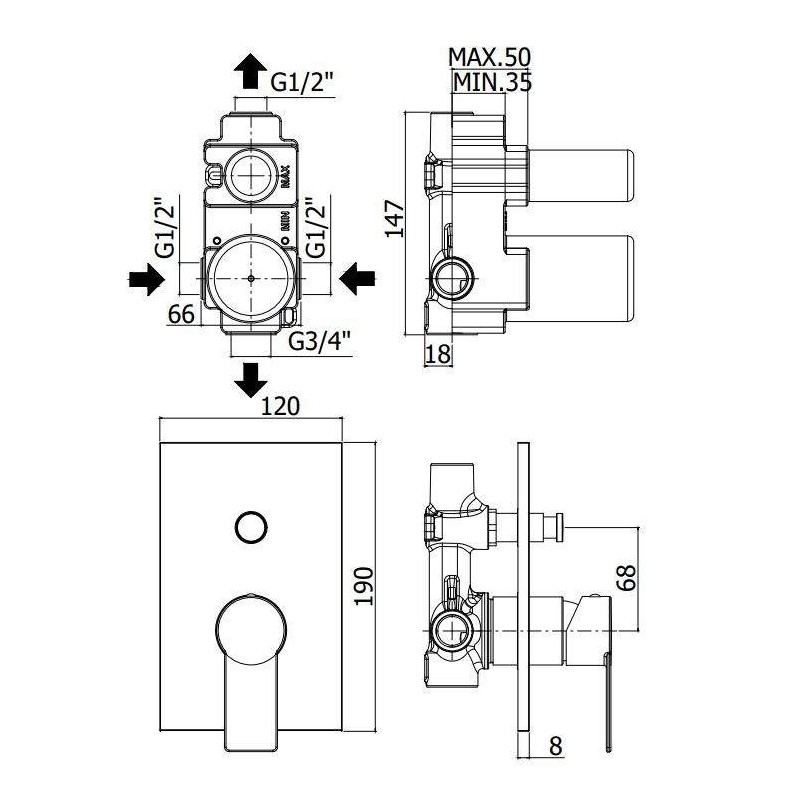 Built-in shower taps Two-way built-in shower mixer with chrome-colored ABS plate Paffoni Tango TA015CR