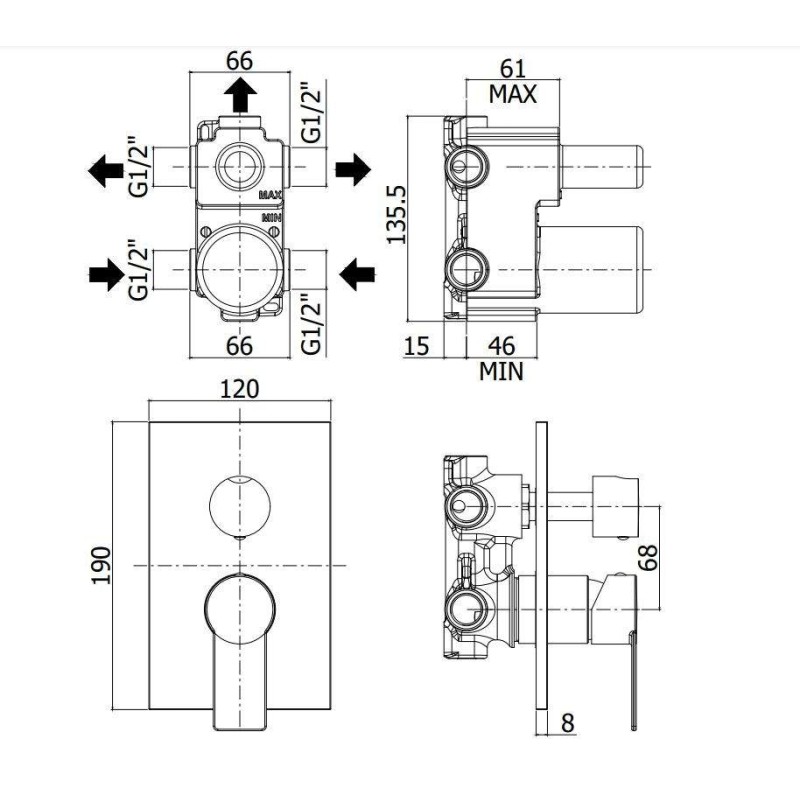 Built-in shower taps Built-in shower mixer with 3-way diverter in chrome colour Paffoni Tango TA019CR