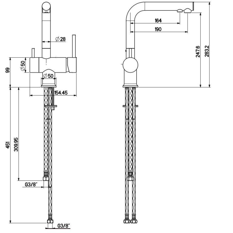 Three ways kitchen taps 3-way purified water kitchen sink mixer in brushed steel Gattoni 0195/PCNS