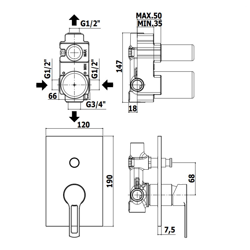 Robinets Douche encastrés Mitigeur de douche à encastrer avec inverseur à plaque en acier Paffoni Ringo RIN015CR/M