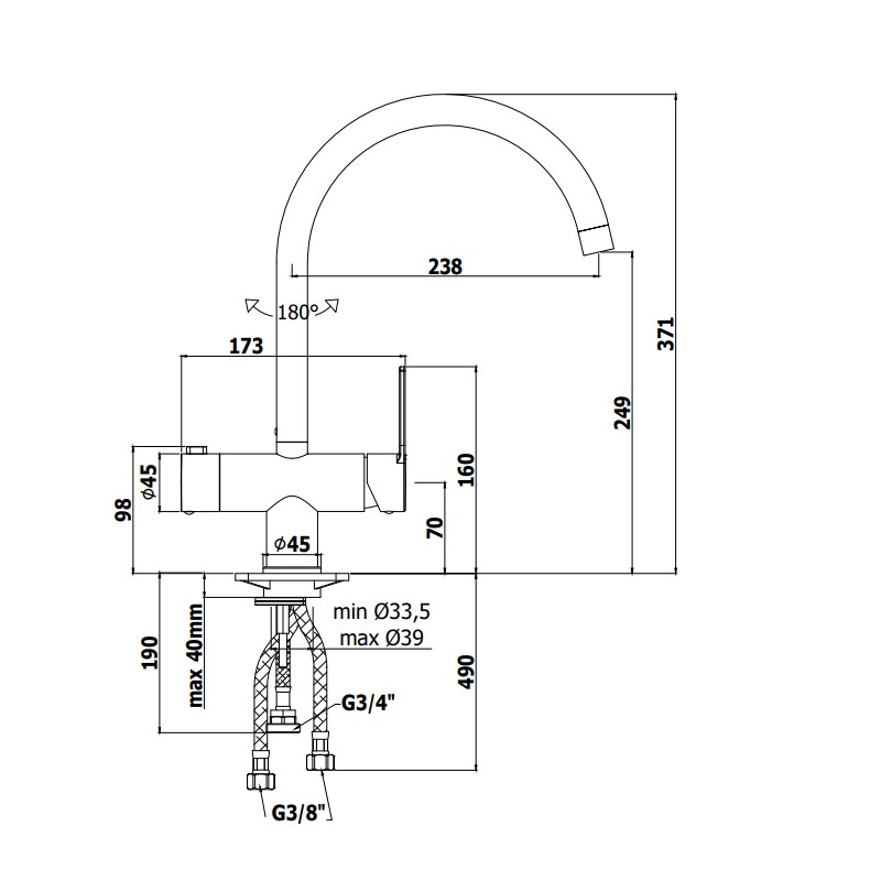 Grifo de la cocina 3 vías Mezclador de lavabo con conexión para lavavajillas Paffoni Ringo RIN184CR