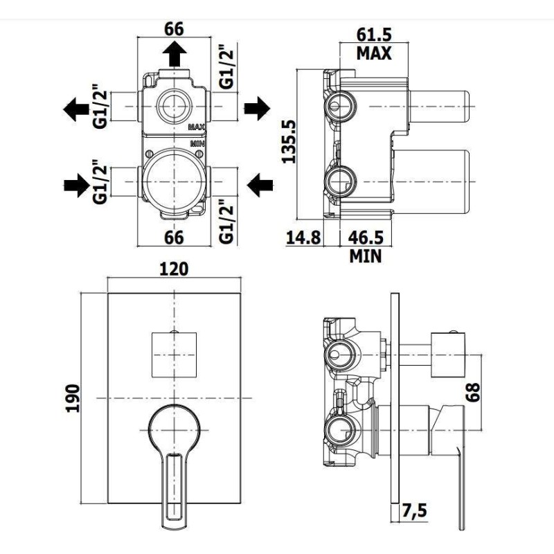 Unterputz Duscharmaturen Eingebauter Duschmischer mit 3 Ausgängen in Chromfarbe Paffoni Ringo RIN019CR