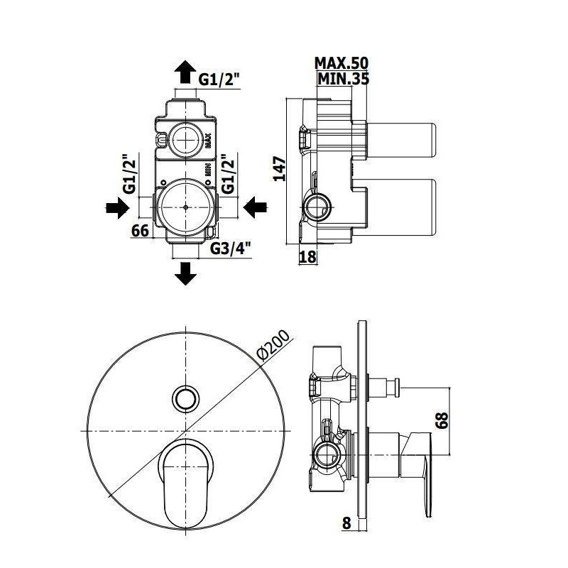 Built-in shower taps Built-in 2-way shower mixer Paffoni Candy CA015CR