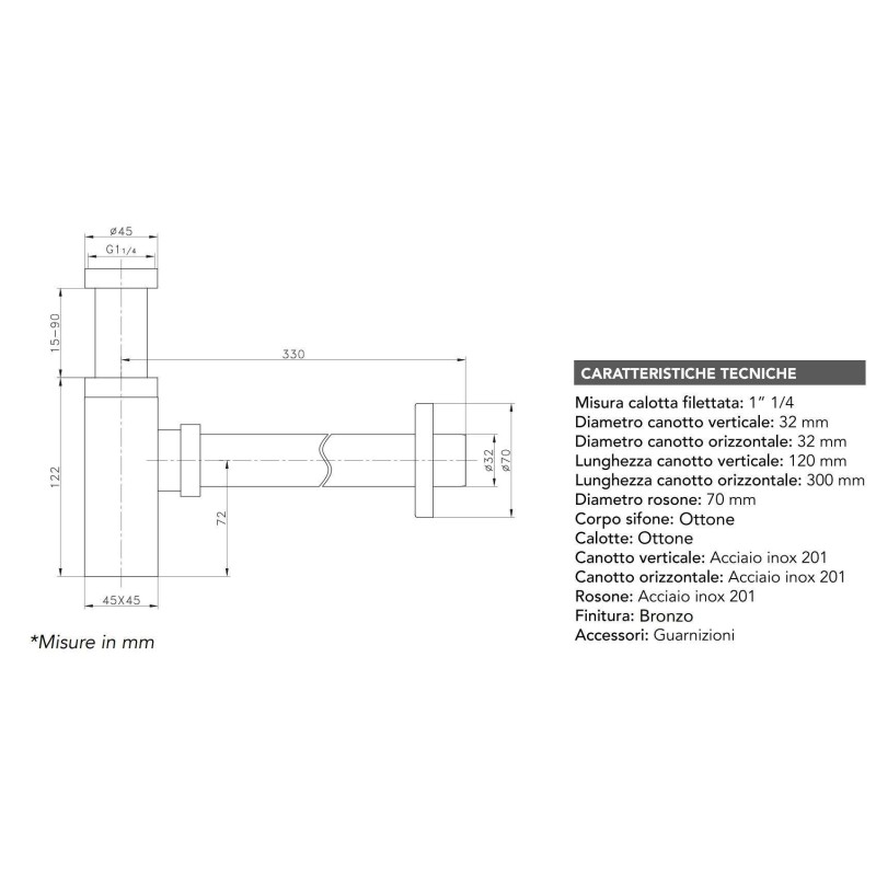 Siphons, discharges and drains Standard siphon in brushed steel color Tecom DSIFTAC