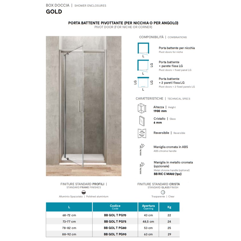 Cabine de douche à porte battante Porte battante pivotante 70 cm verre transparent Ercos Gold BBGOLTPG70