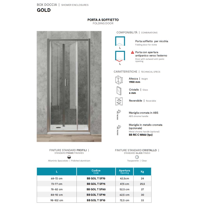 Folding shower enclosure Folding door 75 cm transparent glass Ercos Gold BBGOLTSF75