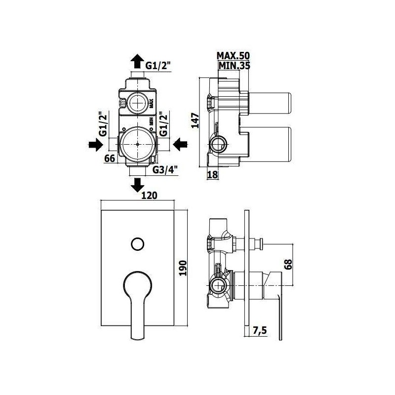 Built-in shower taps Built-in shower mixer with diverter Paffoni Red RED015CR