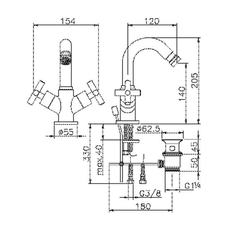 Zweigriff-Bidetarmaturen Bidetmischer mit Kreuzgriffen Huber Suite SU00055021