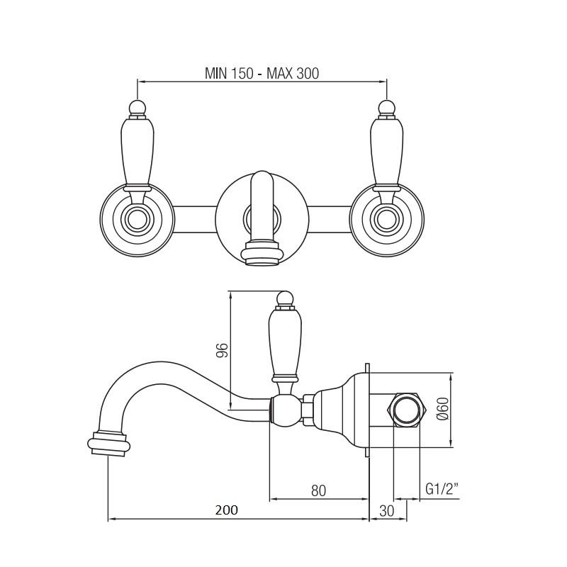 rubinetti lavabo a parete Wall-mounted 3-hole basin tap with 200 mm spout Porta&Bini Queen 12243CR