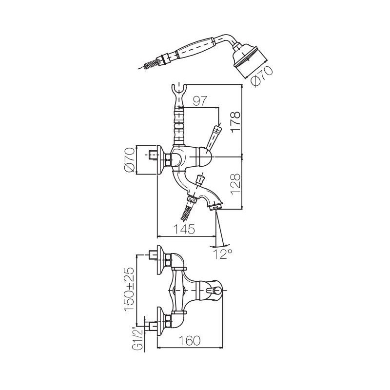 Zweigriff Wannenarmaturen AP Wannenbatterie mit Brauseset Porta&Bini new old 50400